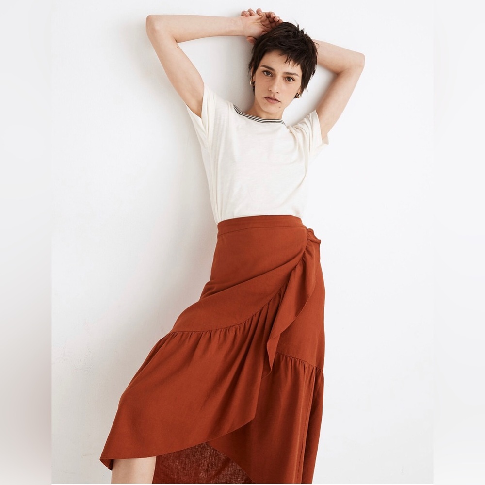 Linen blend ruffle midi skirt